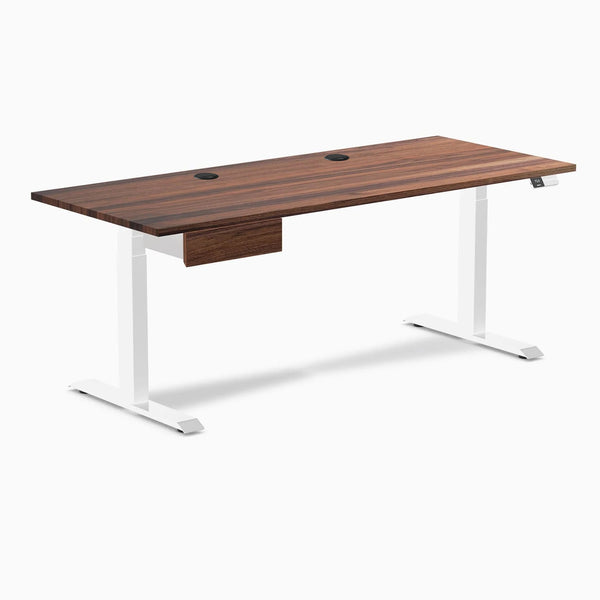 Desky Dual Hardwood Standing Desk With Drawer, Walnut desktop, White frame