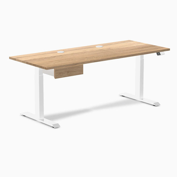 Desky Dual Hardwood Standing Desk With Drawer, White Oak desktop, White frame