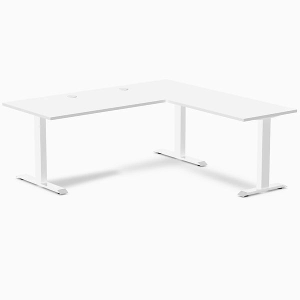 White Desky Zero Laminate L-shape office desk with steel frame and grommets.