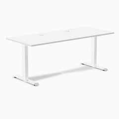 Desky Zero fixed-height office desk, 70.9x29.5 inch white laminate top with grommets, white steel frame.