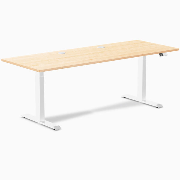 Desky Dual Hardwood Sit Stand Desk, Maple desktop, White frame