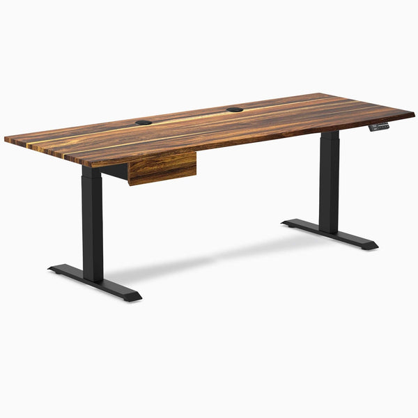 Desky Dual Hardwood Standing Desk With Drawer, Pheasantwood desktop, Matte Black frame