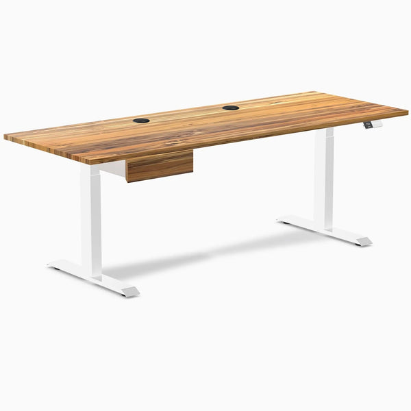 Desky Dual Hardwood Standing Desk With Drawer, Teak desktop, White frame