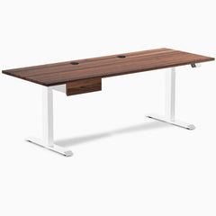 Desky Dual Hardwood Standing Desk With Drawer, Walnut desktop, White frame
