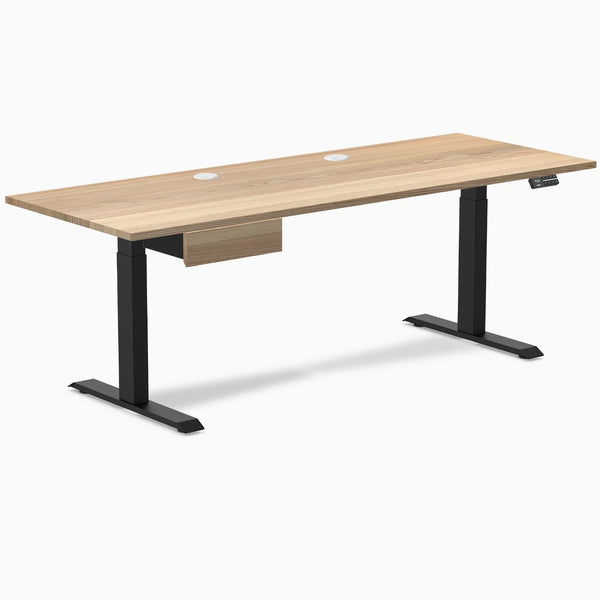 Desky Dual Hardwood Standing Desk With Drawer, White Ash desktop, Matte Black frame