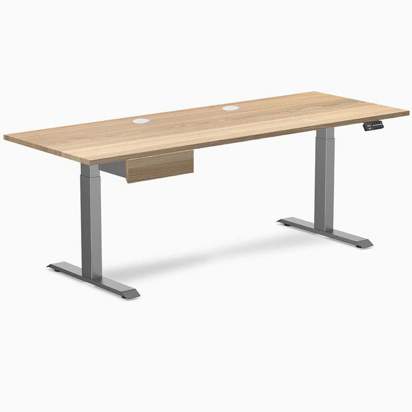 Desky Dual Hardwood Standing Desk With Drawer, White Ash desktop, Space Gray frame