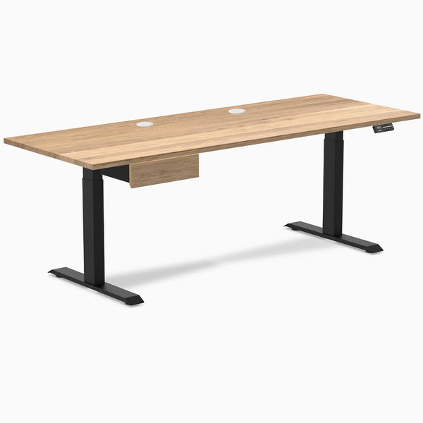 Desky Dual Hardwood Standing Desk With Drawer, White Oak desktop, Matte Black frame