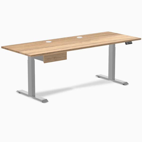 Desky Dual Hardwood Standing Desk With Drawer, White Oak desktop, Gray frame