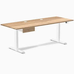 Desky Dual Hardwood Standing Desk With Drawer, White Oak desktop, White frame
