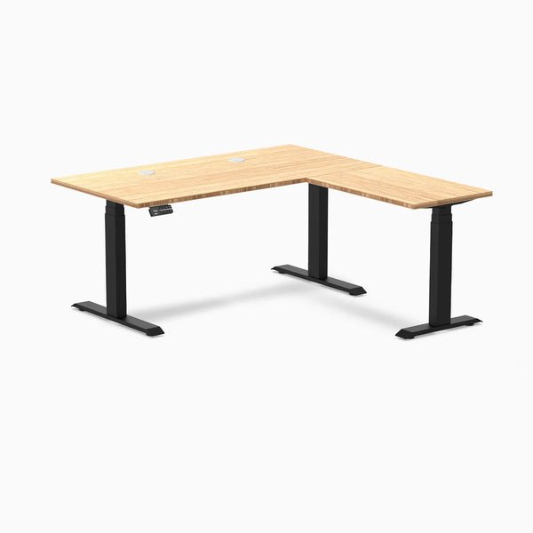 Desky Bamboo L-Shape Sit Stand Desk, Bamboo desktop, Matte Black frame