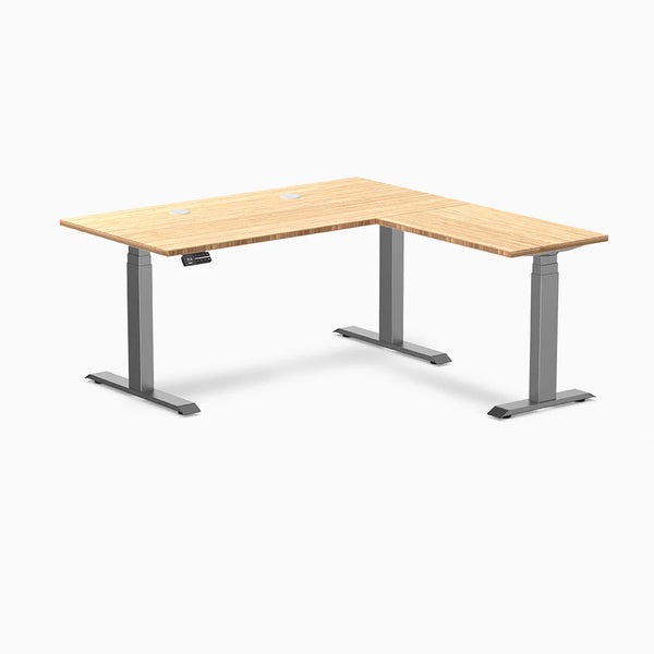 Desky Bamboo L-Shape Sit Stand Desk, Bamboo desktop, Space Gray frame