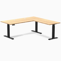 Desky Bamboo L-Shape Sit Stand Desk, Bamboo desktop, Matte Black frame