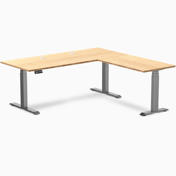 Desky Bamboo L-Shape Sit Stand Desk, Bamboo desktop, Space Gray frame