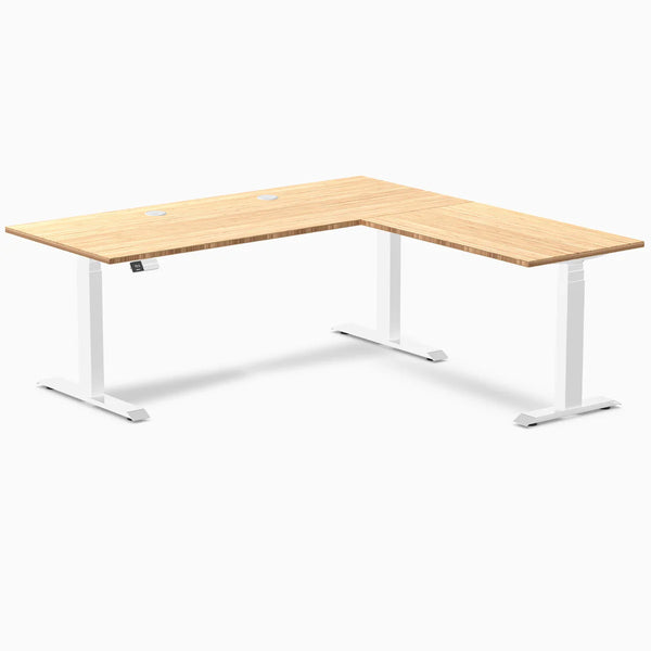 Desky Bamboo L-Shape Sit Stand Desk, Bamboo desktop, White frame