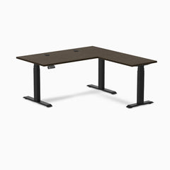 Desky Bamboo L-Shape Sit Stand Desk, Dark Bamboo desktop, Matte Black frame