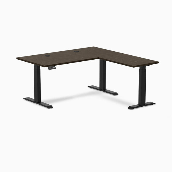 Desky Bamboo L-Shape Sit Stand Desk, Dark Bamboo desktop, Matte Black frame