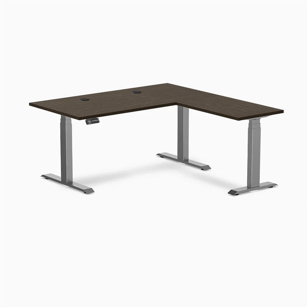 Desky Bamboo L-Shape Sit Stand Desk, Dark Bamboo desktop, Space Gray frame
