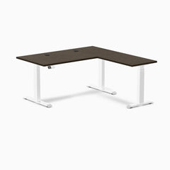 Desky Bamboo L-Shape Sit Stand Desk, Dark Bamboo desktop, White frame