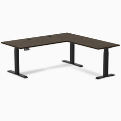 Desky Bamboo L-Shape Sit Stand Desk, Dark Bamboo desktop, Matte Black frame
