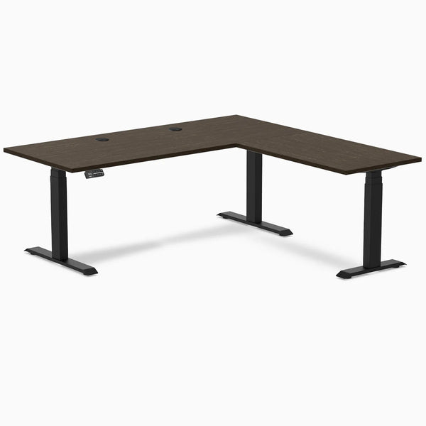 Desky Bamboo L-Shape Sit Stand Desk, Dark Bamboo desktop, Matte Black frame