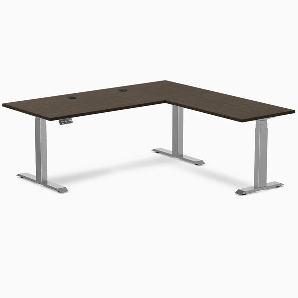 Desky Bamboo L-Shape Sit Stand Desk, Dark Bamboo desktop, Space Gray frame