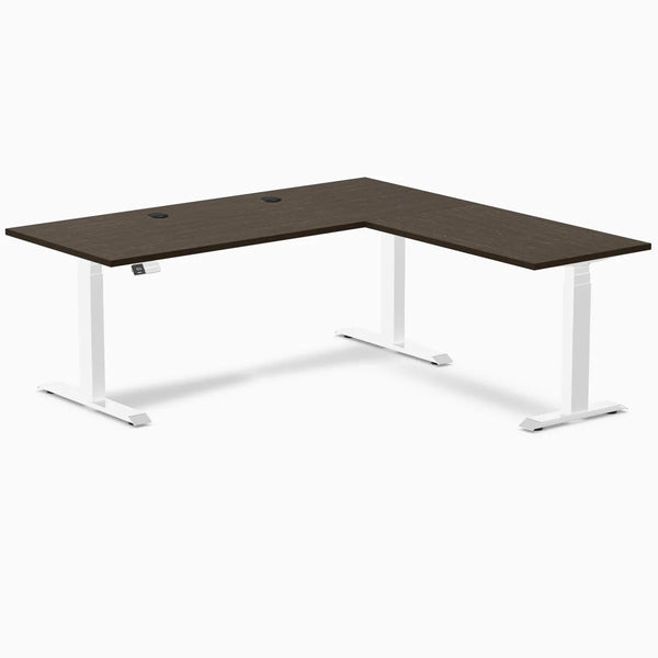 Desky Bamboo L-Shape Sit Stand Desk, Dark Bamboo desktop, White frame