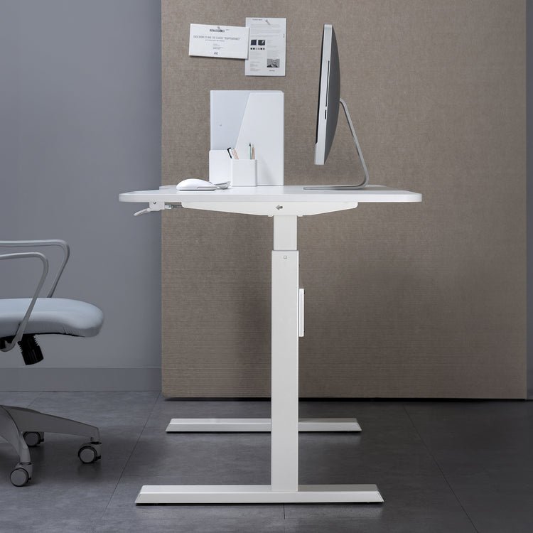 Desky air lift zero sit stand desk all white with set up on top