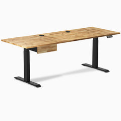 Desky Dual Hardwood Standing Desk With Drawer, Acacia desktop, Matte Black frame
