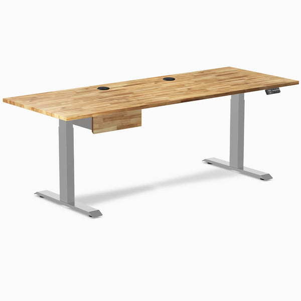 Desky Dual Hardwood Standing Desk With Drawer, Acacia desktop, Gray frame