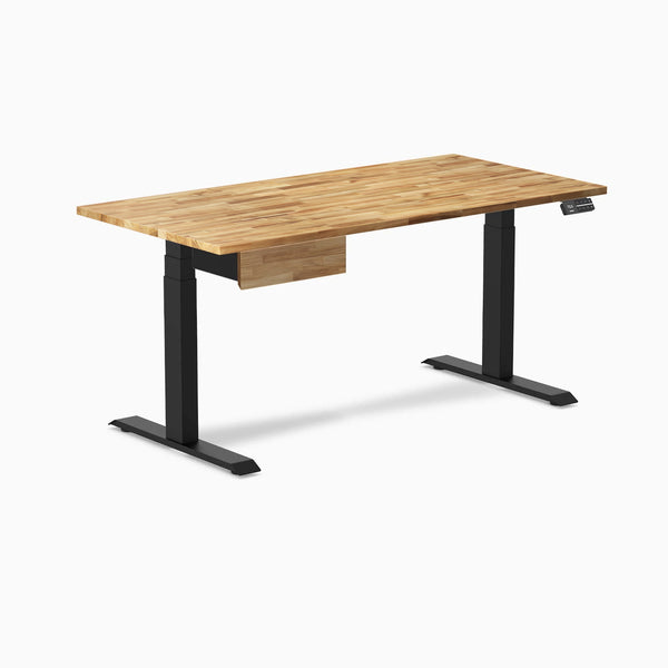 Desky Dual Hardwood Standing Desk With Drawer, Acacia desktop, Matte Black frame