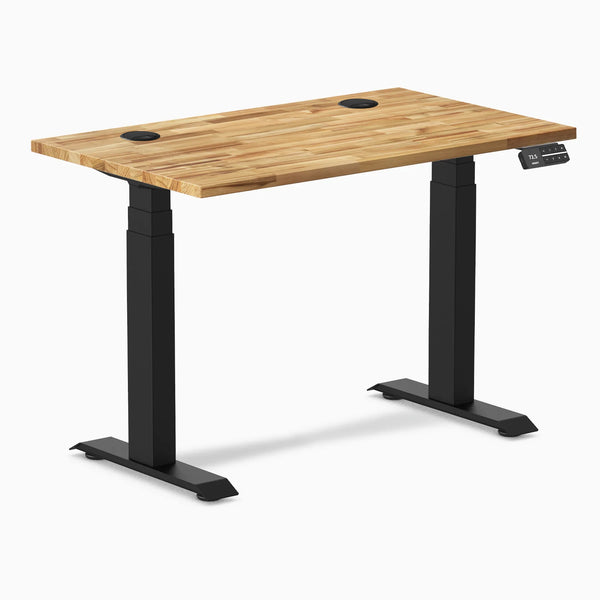 Desky Dual Mini Hardwood Sit Stand Desk, Acacia desktop, Matte Black frame