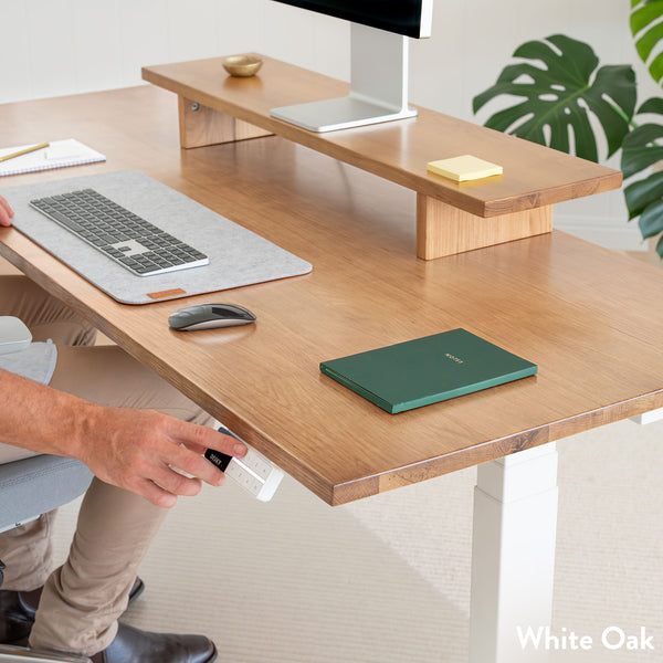 Desky Dual White Oak Hardwood Sit Stand Desk Setup
