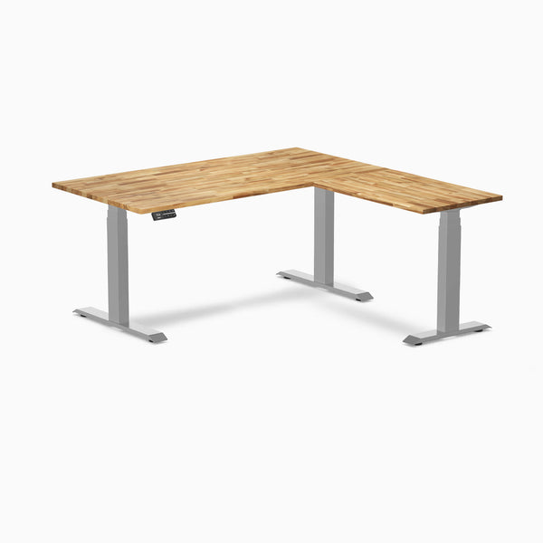 Desky Hardwood L-Shape Sit Stand Desk, Acacia desktop, Gray frame