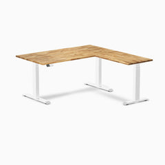 Desky Hardwood L-Shape Sit Stand Desk, Acacia desktop, White frame