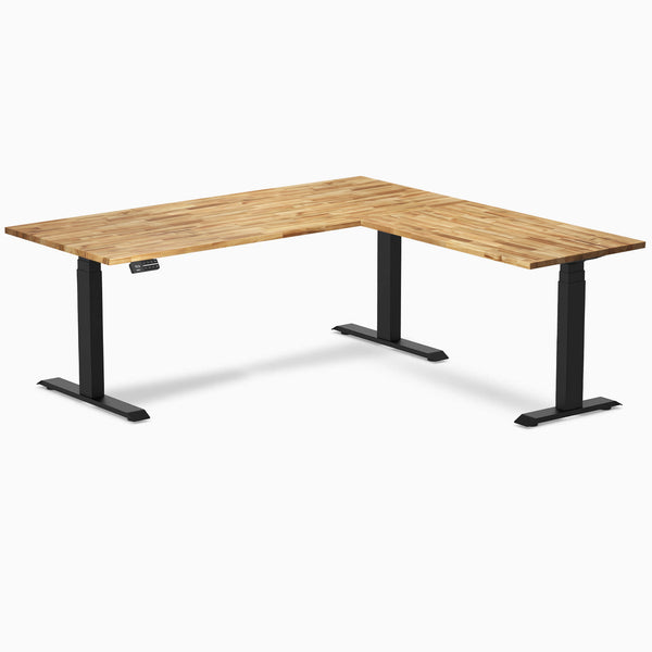Desky Hardwood L-Shape Sit Stand Desk, Acacia desktop, Matte Black frame