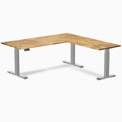 Desky Hardwood L-Shape Sit Stand Desk, Acacia desktop, Gray frame