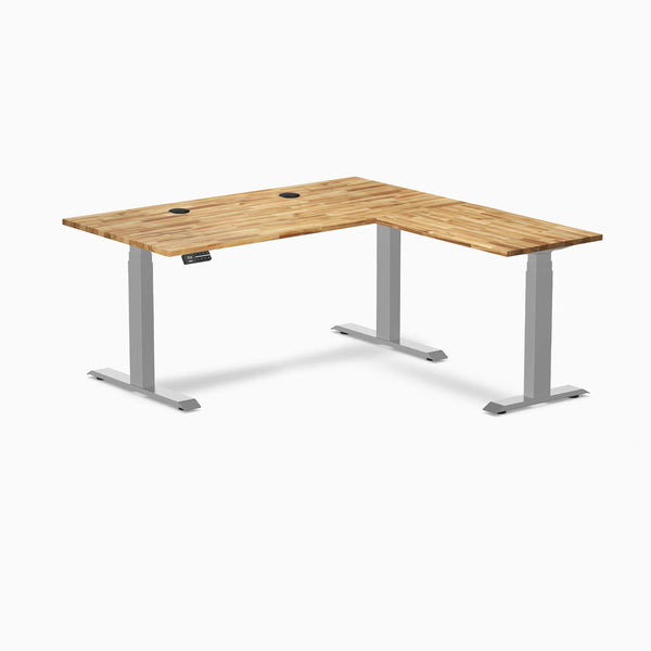 Desky Hardwood L-Shape Sit Stand Desk, Acacia desktop, Gray frame