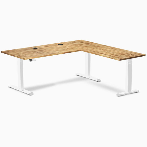 Desky Hardwood L-Shape Sit Stand Desk, Acacia desktop, White frame
