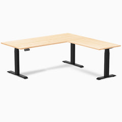 Desky Hardwood L-Shape Sit Stand Desk, Maple desktop, Matte Black frame