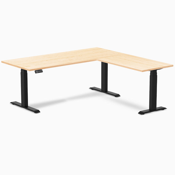 Desky Hardwood L-Shape Sit Stand Desk, Maple desktop, Matte Black frame