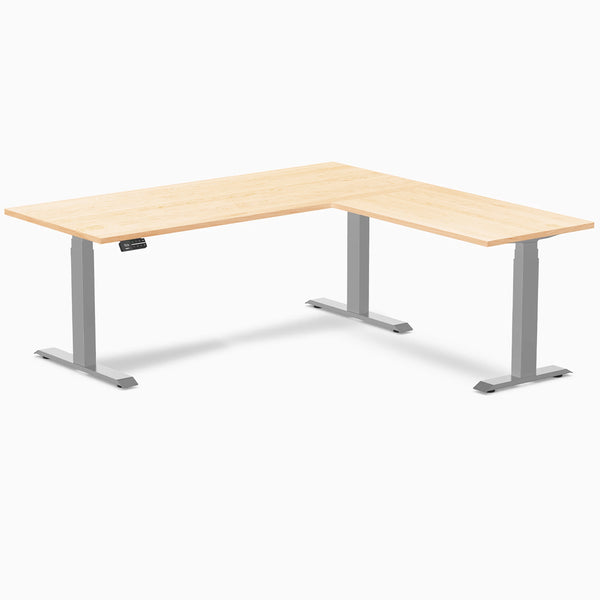 Desky Hardwood L-Shape Sit Stand Desk, Maple desktop, Gray frame
