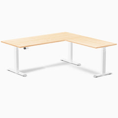 Desky Hardwood L-Shape Sit Stand Desk, Maple desktop, White frame