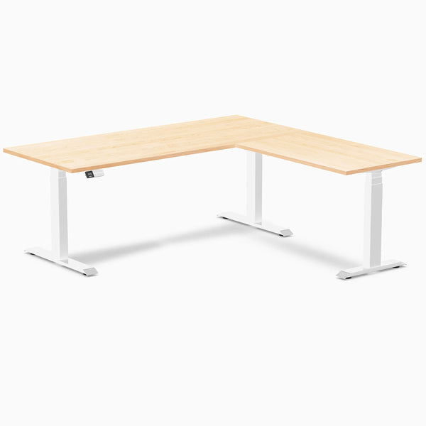 Desky Hardwood L-Shape Sit Stand Desk, Maple desktop, White frame
