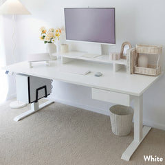 White Desky Dual Laminate Sit Stand Desk with monitor, keyboard, and accessories in a bright office.