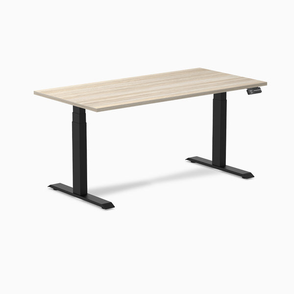 Desky Dual Laminate Sit Stand Desk, Classic Oak desktop, Matte Black frame