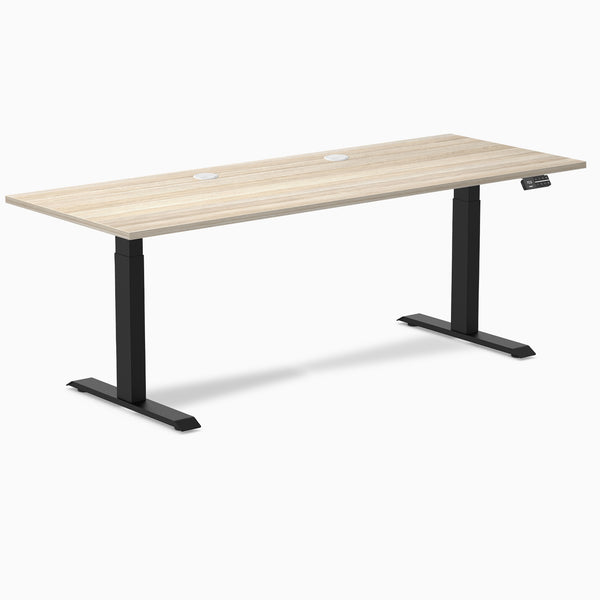 Desky Dual Laminate Sit Stand Desk, Classic Oak desktop, Matte Black frame