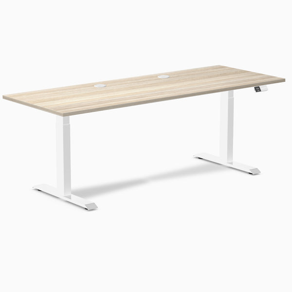 Desky Dual Laminate Sit Stand Desk, Classic Oak desktop, White frame