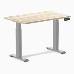Desky Dual Mini Sit Stand Desk, Classic Oak desktop, Gray frame