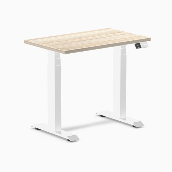 Desky Dual Mini Sit Stand Desk, Classic Oak desktop, White frame