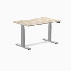 Desky Dual Scalloped Laminate Sit Stand Desk, Classic Oak desktop, Gray frame